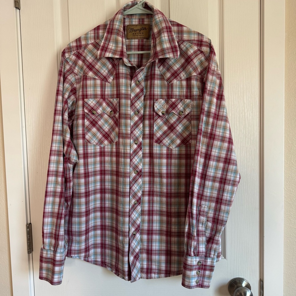 Wrangler Retro Western Shirt Mens Large Snap Front Plaid Cotton Rodeo Cowboy